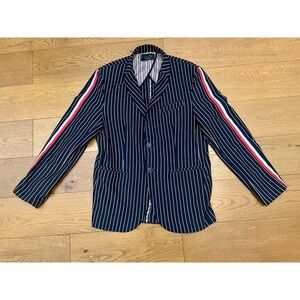 Zara Man Pinstripe Blazer L Navy Blue Red White Racing Stripe Sport Coat Jacket